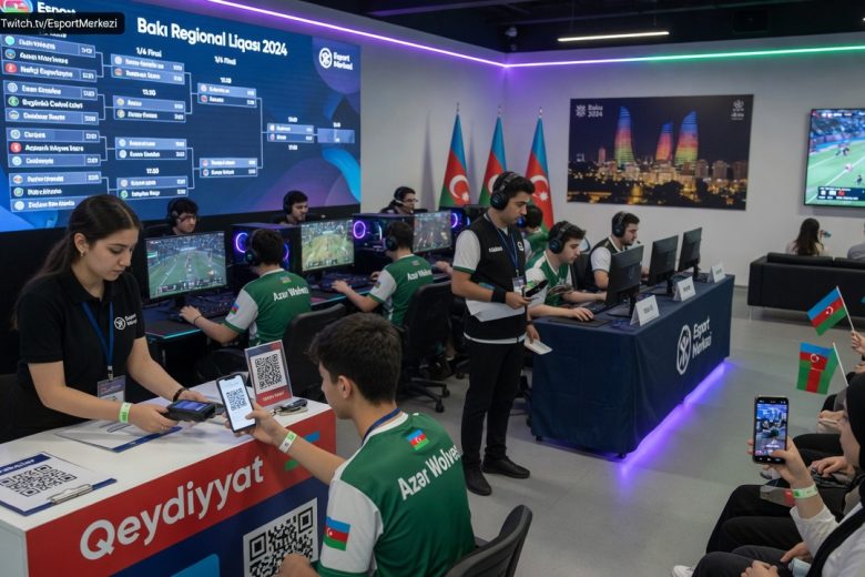 Photo of a bustling esports center in Baku with Esport Mərkəzi branding, players competing