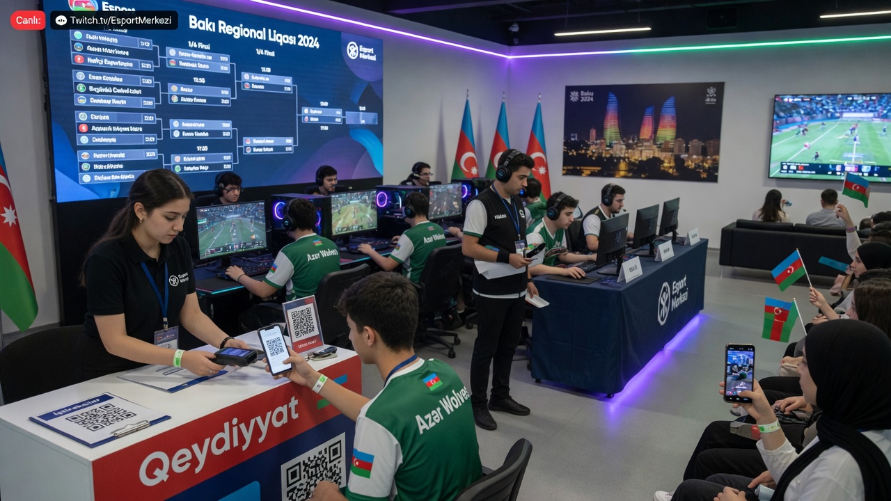 Photo of a bustling esports center in Baku with Esport Mərkəzi branding, players competing