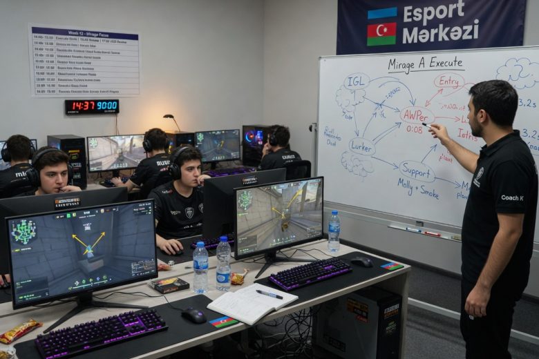Wide, photorealistic shot of a CS2 team at Esport Mərkəzi: coach diagramming tactics on