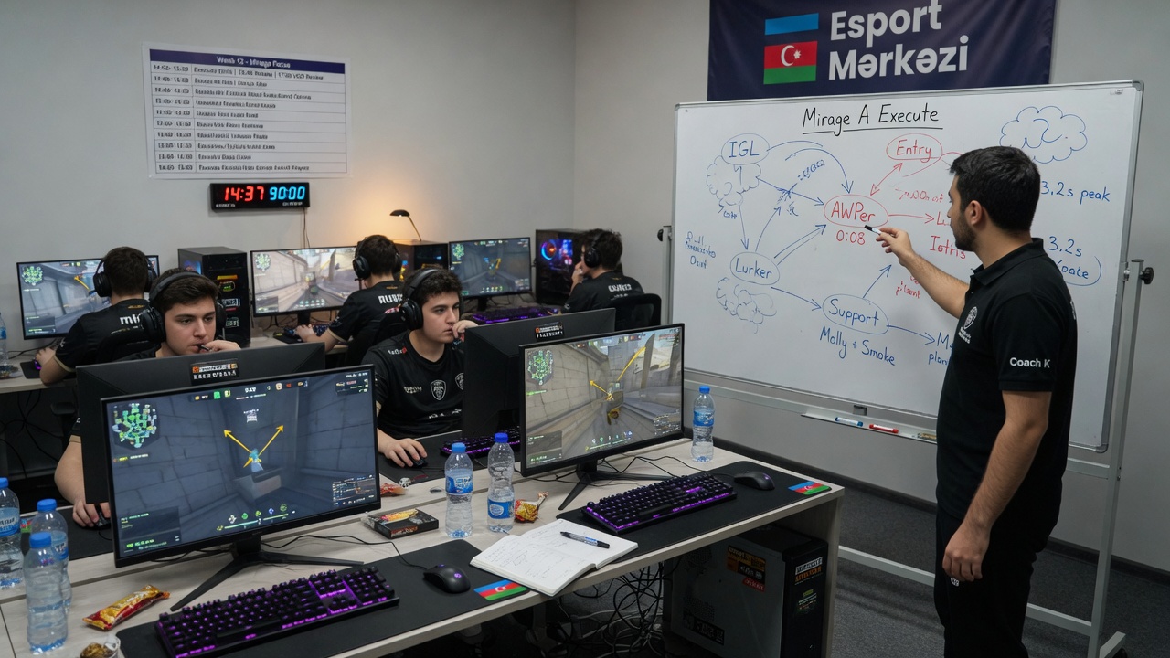 Wide, photorealistic shot of a CS2 team at Esport Mərkəzi: coach diagramming tactics on