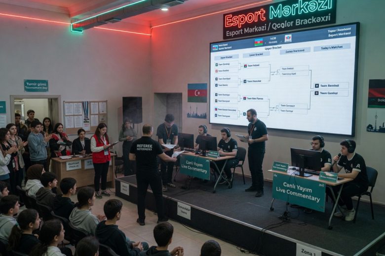 Photorealistic wide shot of a small local esports event at Esport Mərkəzi for a