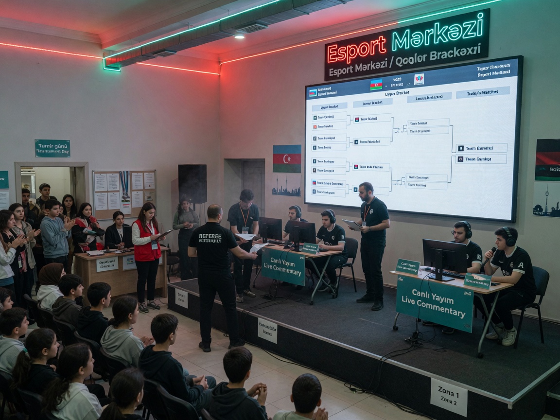 Photorealistic wide shot of a small local esports event at Esport Mərkəzi for a
