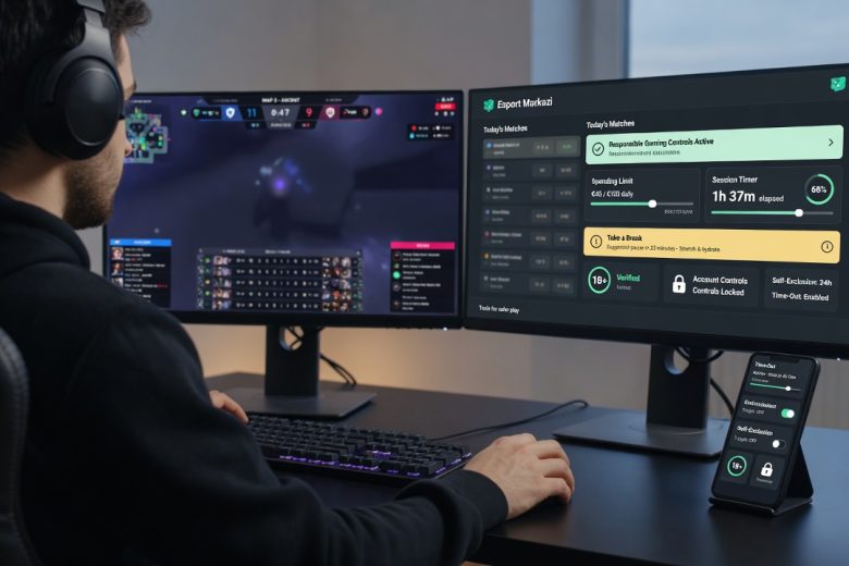 Tidy esports iş masasından üst-baxış: solda oyun yayımı, sağda məsuliyyətli mərc panelində limitlər, fasilə