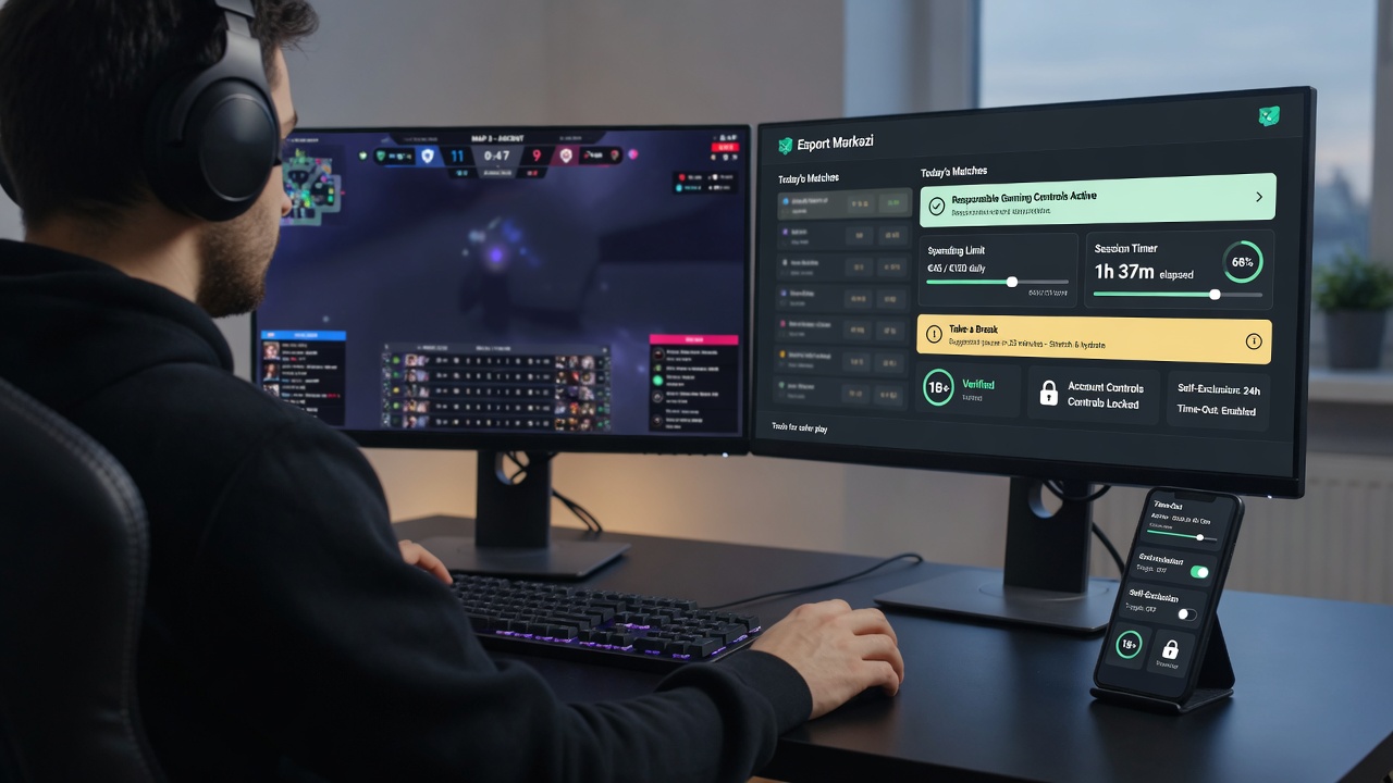 Tidy esports iş masasından üst-baxış: solda oyun yayımı, sağda məsuliyyətli mərc panelində limitlər, fasilə